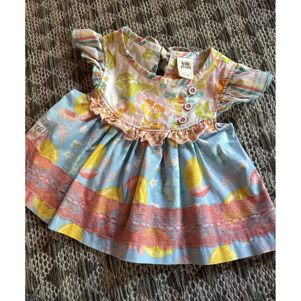 Wild Flowers Baby Tunic Dress Top Sz 18 Months  Blue Yellow Coral Floral Lemon